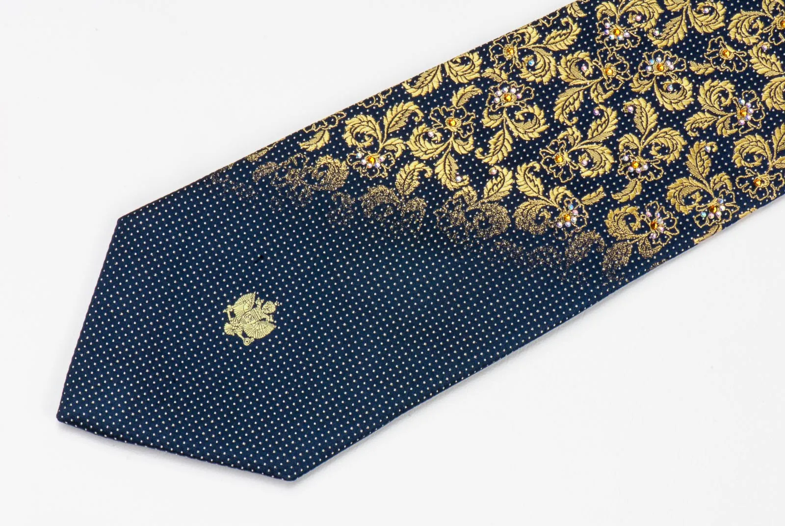 Renoma Rhinestone Tie Gold Floral Design On Navy Blue Silk Classic 3 1/2 Inch