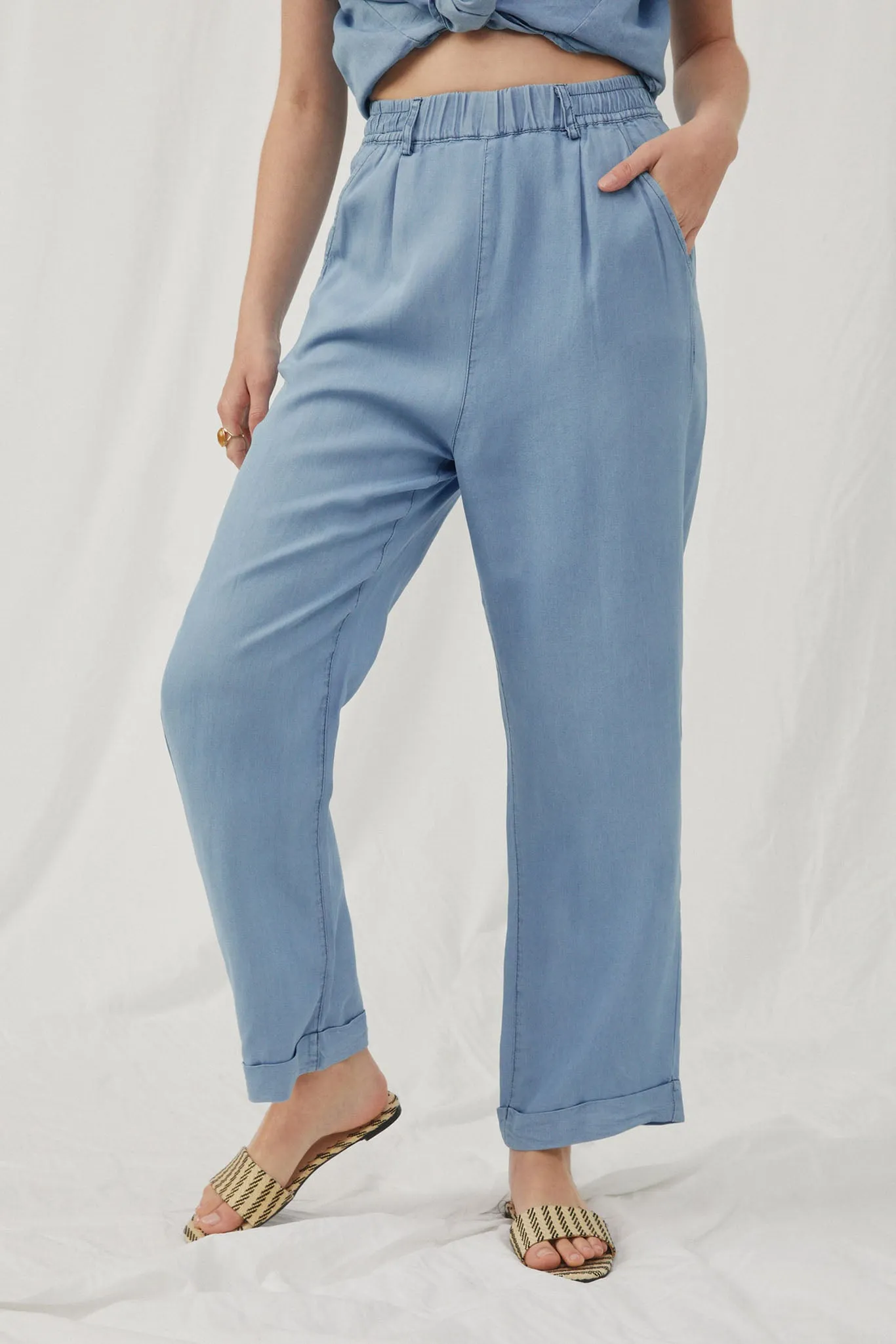 Washed Tencel Elastic Waist Wideleg Pants